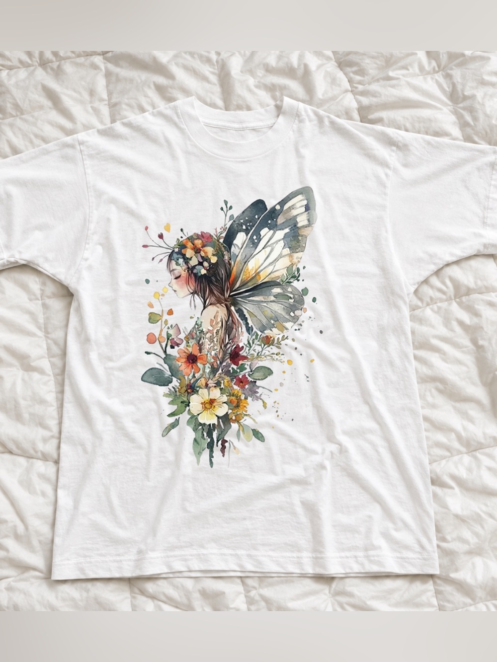 White Fairy Floral Graphic Tee, Colorful Vintage Shirt